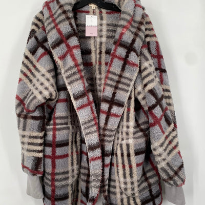 Grey check faux fur hooded jacket