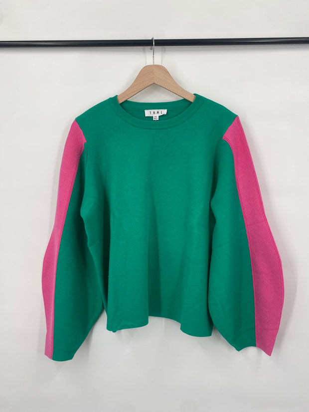 Green Color Block Sleeve Sweater- XL