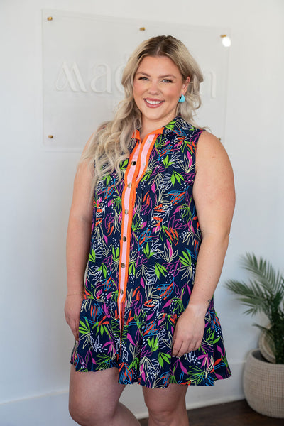 Navy Patterned Button Down Dress