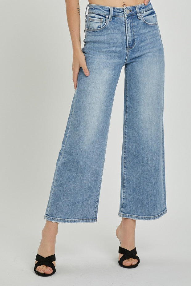 High Rise Crop Wide Leg Jeans - Medium Wash