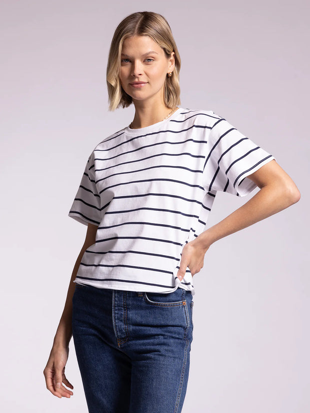 Basic Cotton Crew Neck Stripe Tee - White/Parisian Navy