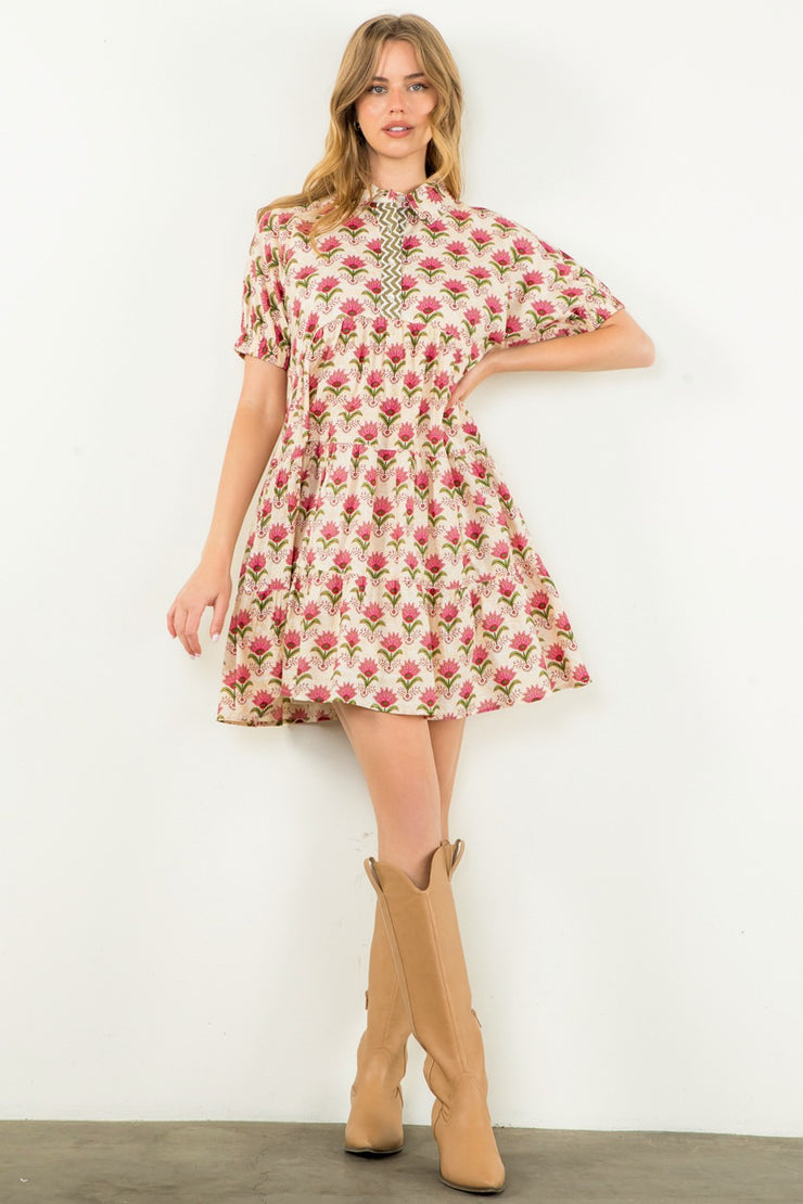 Pink Floral Collared Dress