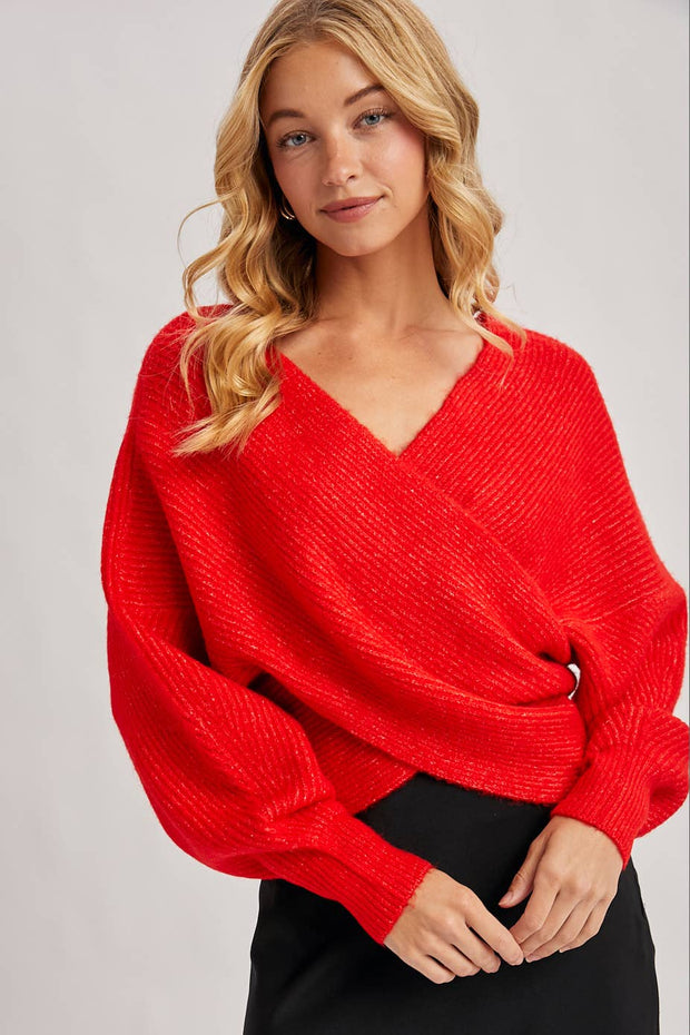 Red Wrap Crossover Sweater