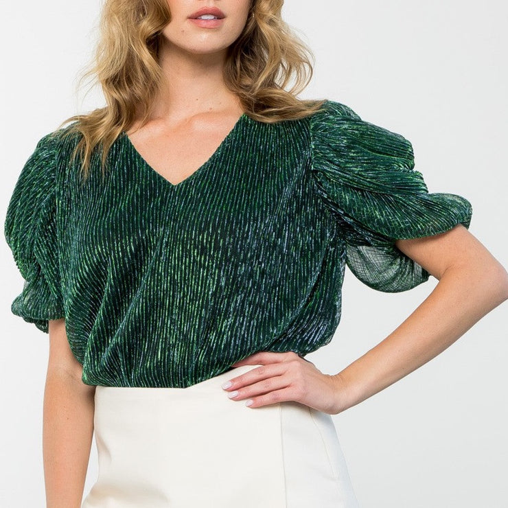 Green glitter puff sleeve top