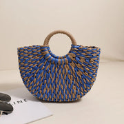 Blue Half Round Straw Bag