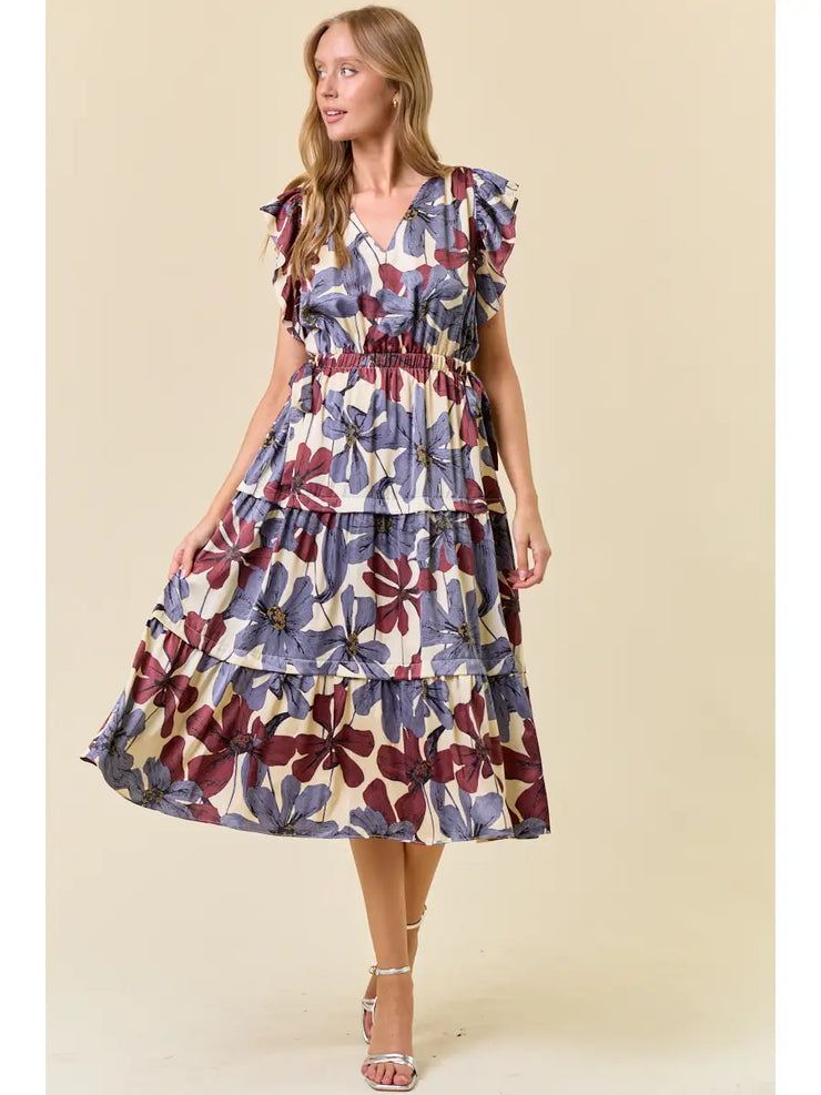 Blue Floral Flutter Sleeve Midi Dress