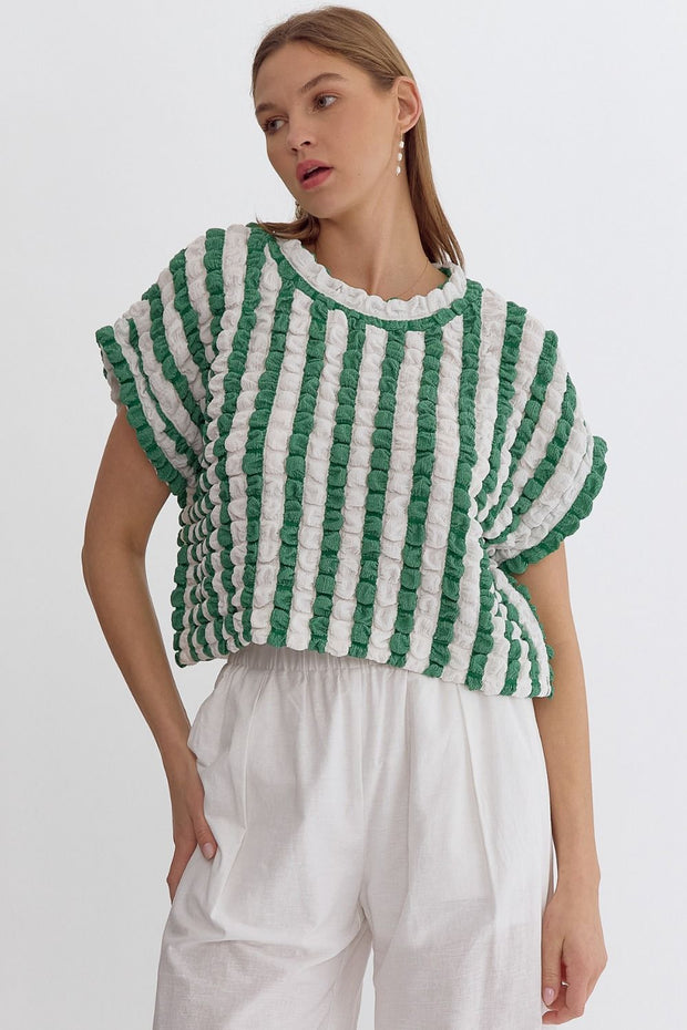Green Textured Striped Top