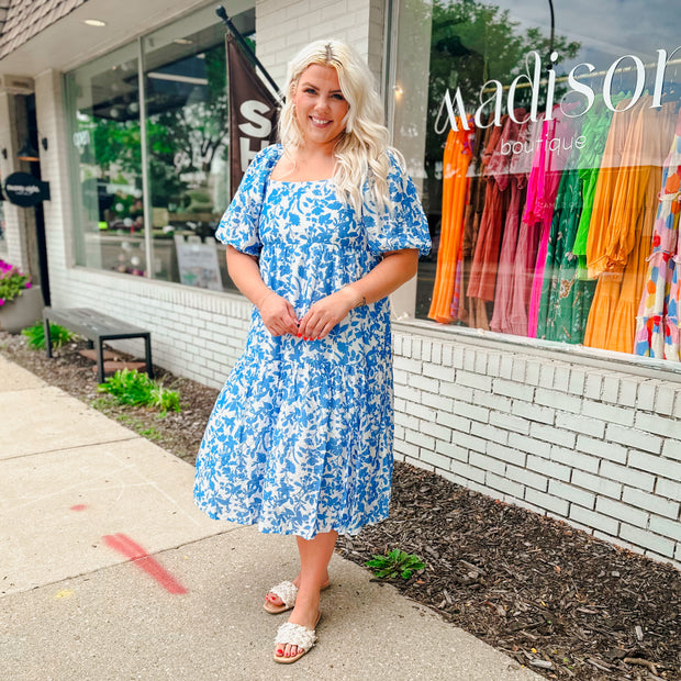 Puff Sleeve Floral Midi Dress