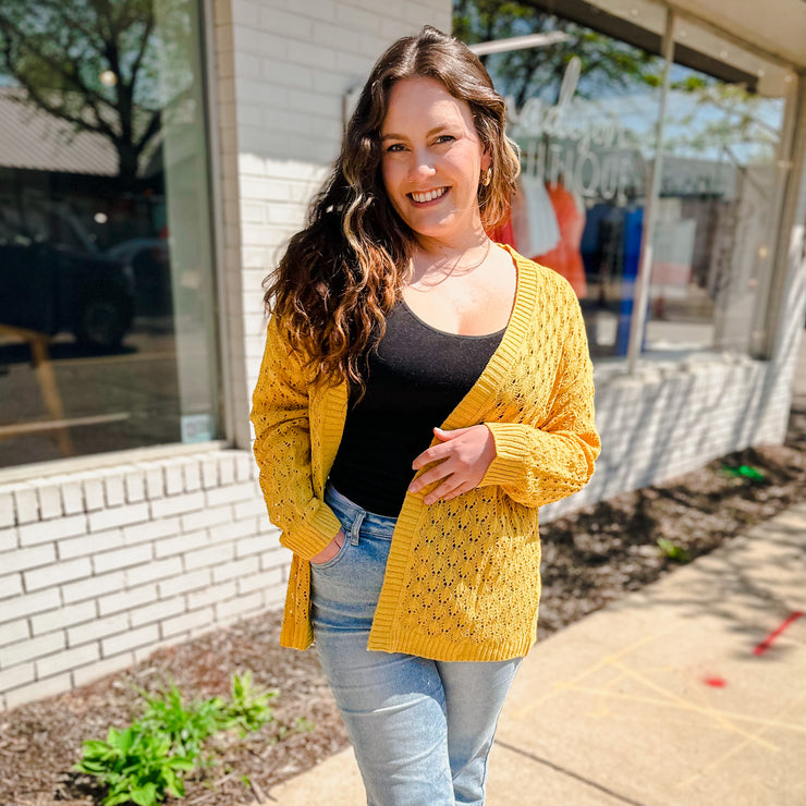 Open Knit Long Sleeve Cardigan- Mustard