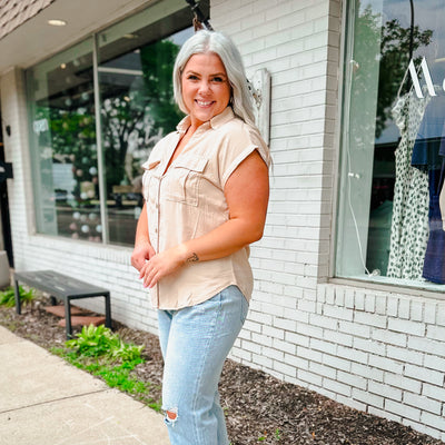khaki button up shirt-large