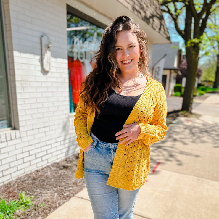 Open Knit Long Sleeve Cardigan- Mustard
