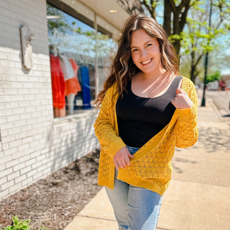 Open Knit Long Sleeve Cardigan- Mustard