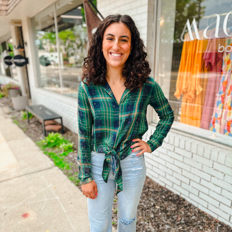 Front Tie Plaid Button Down Shirt