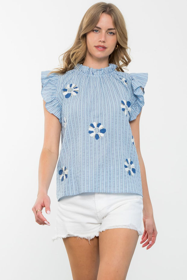 Blue Flower Embroidered Top
