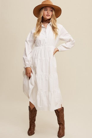 White Button Front Tiered Maxi Dress
