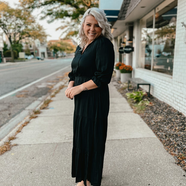 black long sleeve ruffle tiered maxi