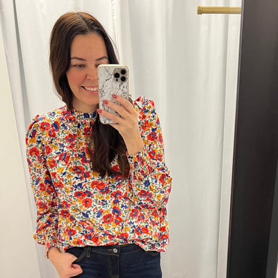 floral print long sleeve mock neck top - large