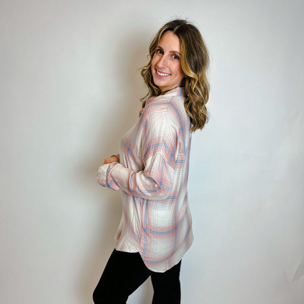 Oversized Plaid Shirt- Cream - large