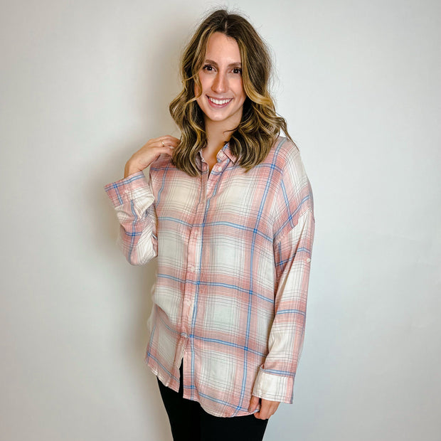Oversized Plaid Shirt- Cream - large