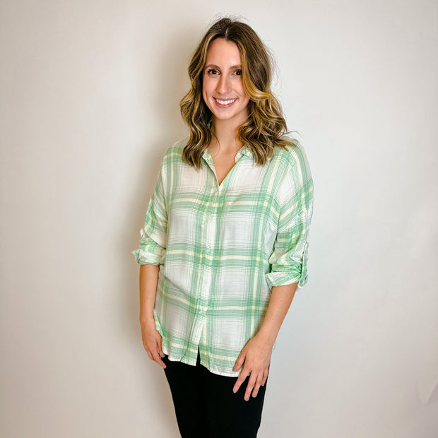 Oversized Plaid Shirt- Cream - large