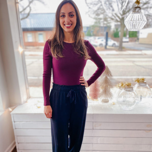 long sleeve ribbed knit bodysuit - plum