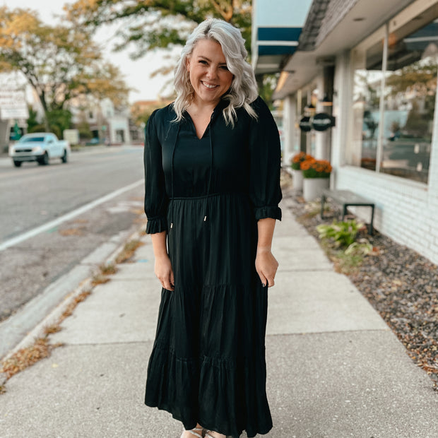 black long sleeve ruffle tiered maxi