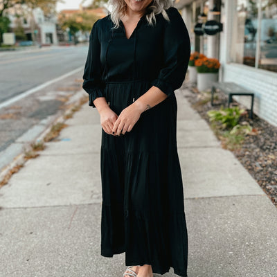 black long sleeve ruffle tiered maxi